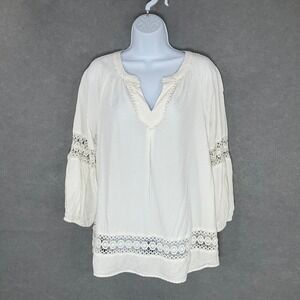 Crown & Ivy‎ Peasant Top Crochet Trim 3/4 Sleeve Blouse White Size M